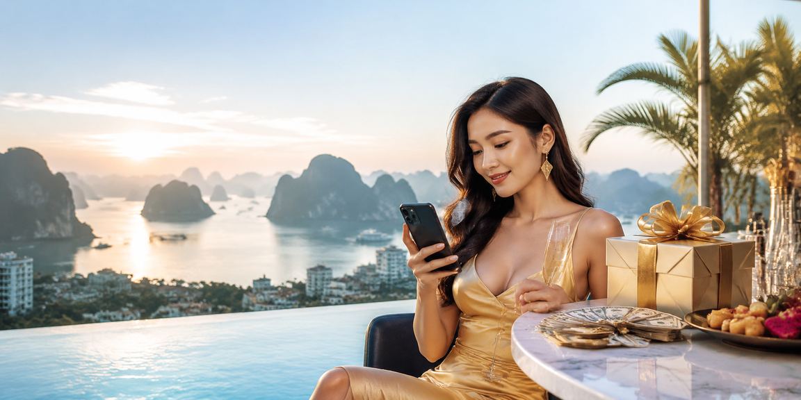 Người dùng Việt Nam trải nghiệm casino trực tuyến trên điện thoại di động với phong cảnh vịnh Hạ Long