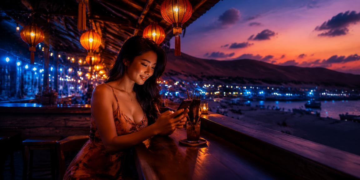 Người chơi tại chợ đêm Mũi Né truy cập cá cược thể thao trên điện thoại